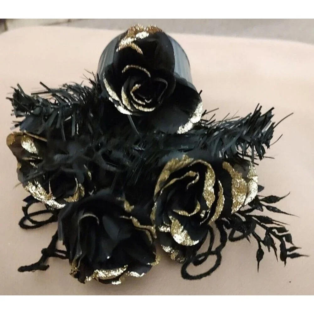 Artificial Flower Bouquet Arrangement Corrugated Tin Vase Black Gold Gray Rose
